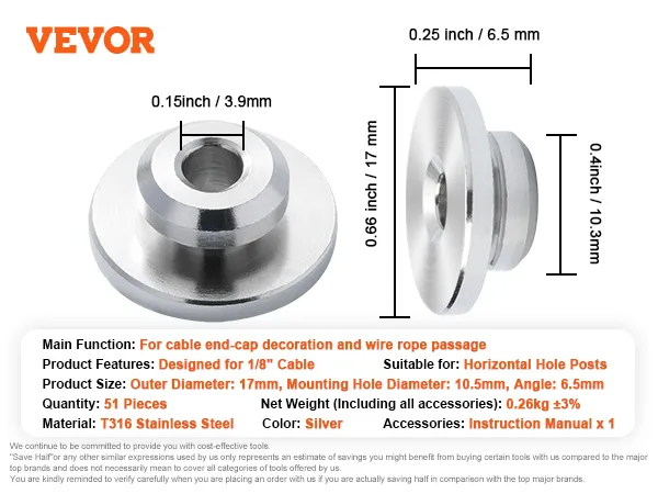 VEVOR cable railing kit dimensions and specifications in stainless steel for 1/8" cable.