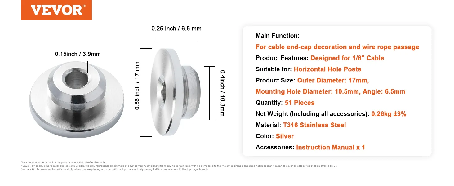 VEVOR cable railing kit dimensions and specifications in stainless steel for 1/8" cable.
