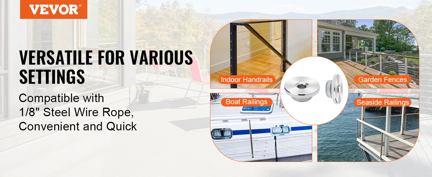 VEVOR cable railing kit, ideal for indoor handrails, garden fences, boat railings, and seaside railings.
