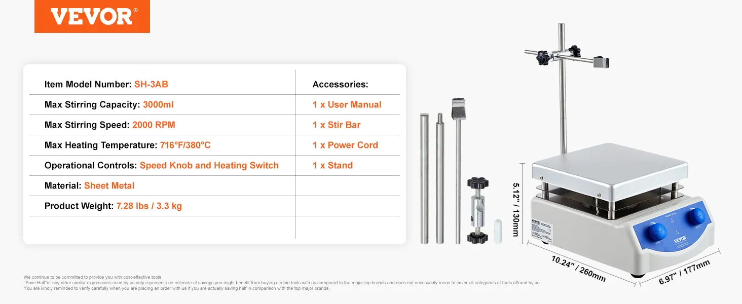 VEVOR magnetische roerplaat met een capaciteit van 3000 ml, een snelheid van 2000 tpm, een verwarmingstemperatuur van 716 °F en accessoireset.