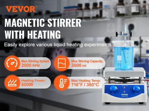VEVOR magnetische roerplaat met een snelheid van 2000 tpm, een capaciteit van 3000 ml, een vermogen van 500 W en een maximale temperatuur van 380 °C.