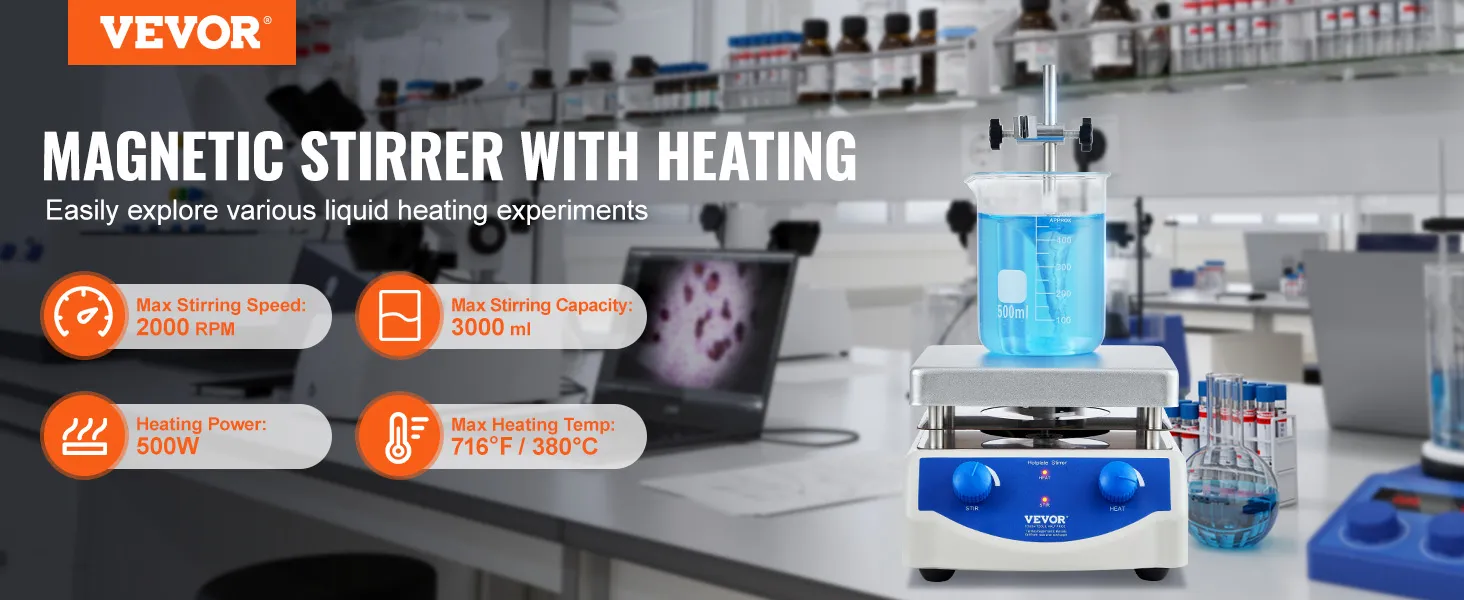 VEVOR magnetische roerplaat met een snelheid van 2000 tpm, een capaciteit van 3000 ml, een vermogen van 500 W en een maximale temperatuur van 380 °C.