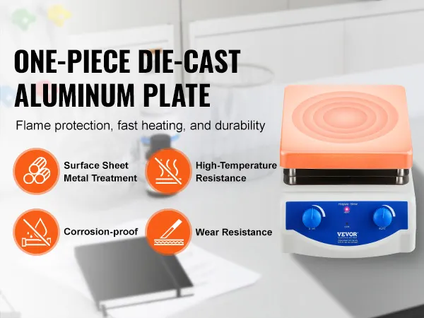 VEVOR magnetische roerder verwarmingsplaat met gegoten aluminium, corrosiebestendig, hoge temperatuurbestendigheid, slijtvast.