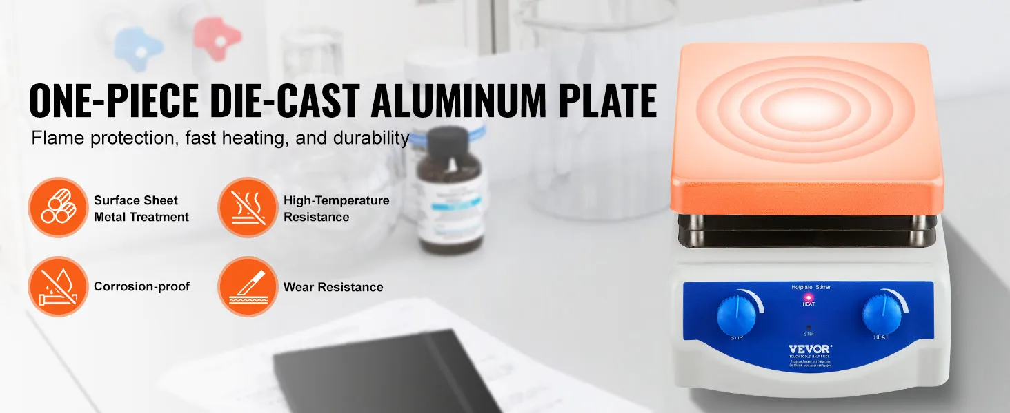 VEVOR magnetische roerder verwarmingsplaat met gegoten aluminium, corrosiebestendig, hoge temperatuurbestendigheid, slijtvast.