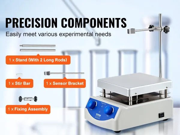 VEVOR magnetische roerder verwarmingsplaat met roerstaaf, bevestigingselement, standaard en sensorbeugel voor experimenten.