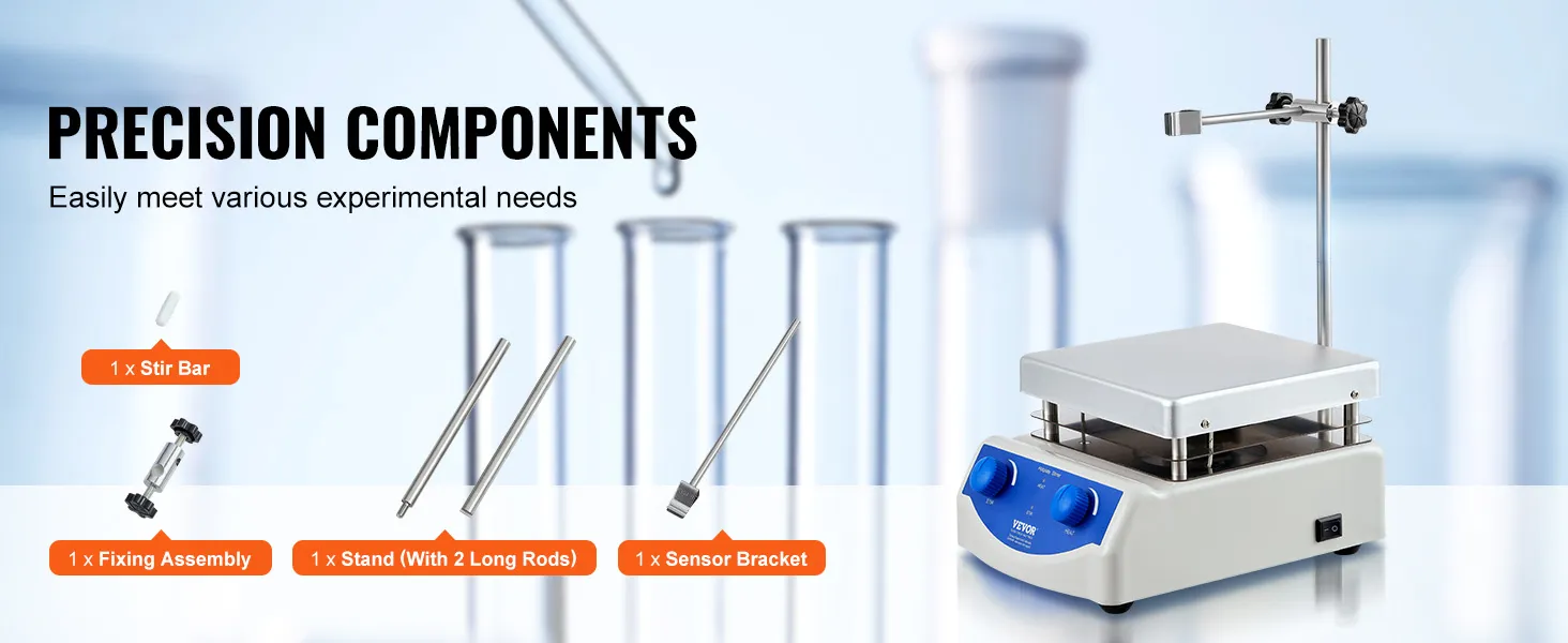 VEVOR magnetische roerder verwarmingsplaat met roerstaaf, bevestigingselement, standaard en sensorbeugel voor experimenten.