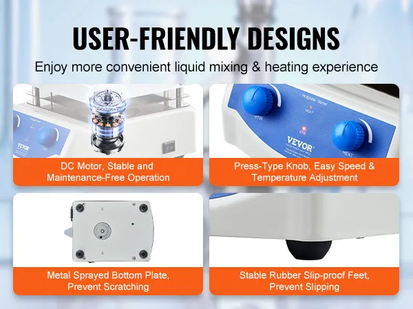 VEVOR magnetische roerplaat - gebruiksvriendelijk ontwerp, stabiele gelijkstroommotor, eenvoudige aanpassingen, slipvaste voetjes.