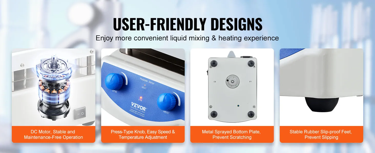 VEVOR magnetische roerplaat - gebruiksvriendelijk ontwerp, stabiele gelijkstroommotor, eenvoudige aanpassingen, slipvaste voetjes.