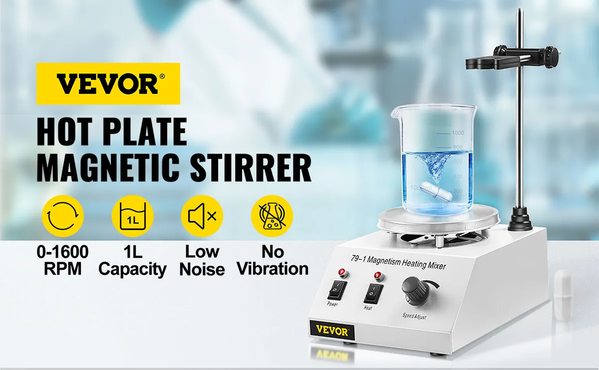 Agitador magnético de placa calefactora VEVOR, 0-1600 rpm, capacidad de 1 l, bajo nivel de ruido, sin vibraciones