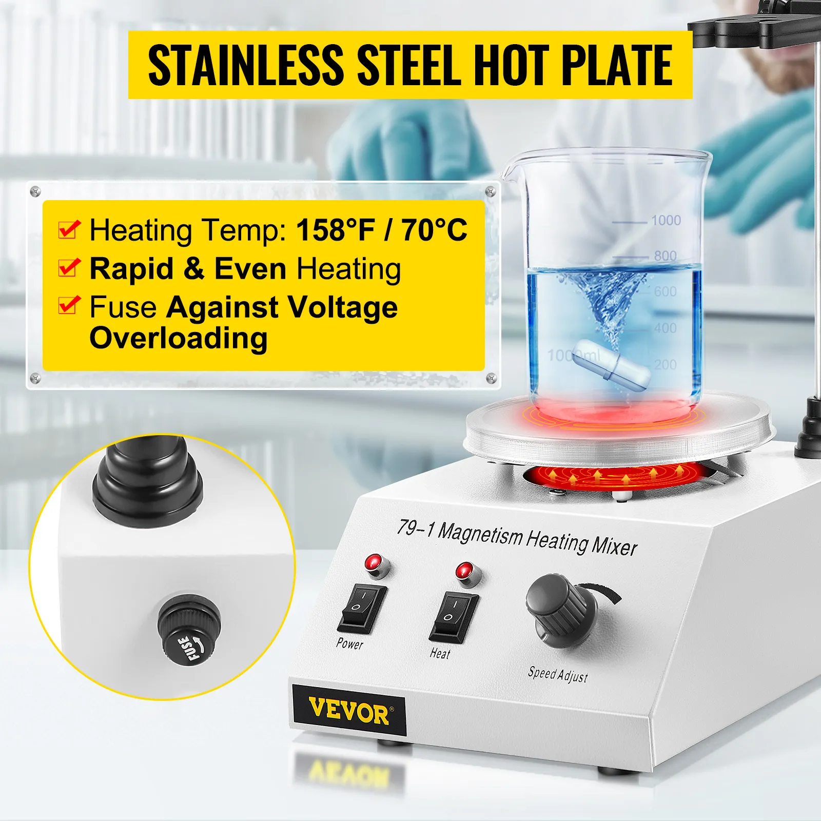 Placa agitadora magnética VEVOR con superficie de acero inoxidable y vaso calefactor.