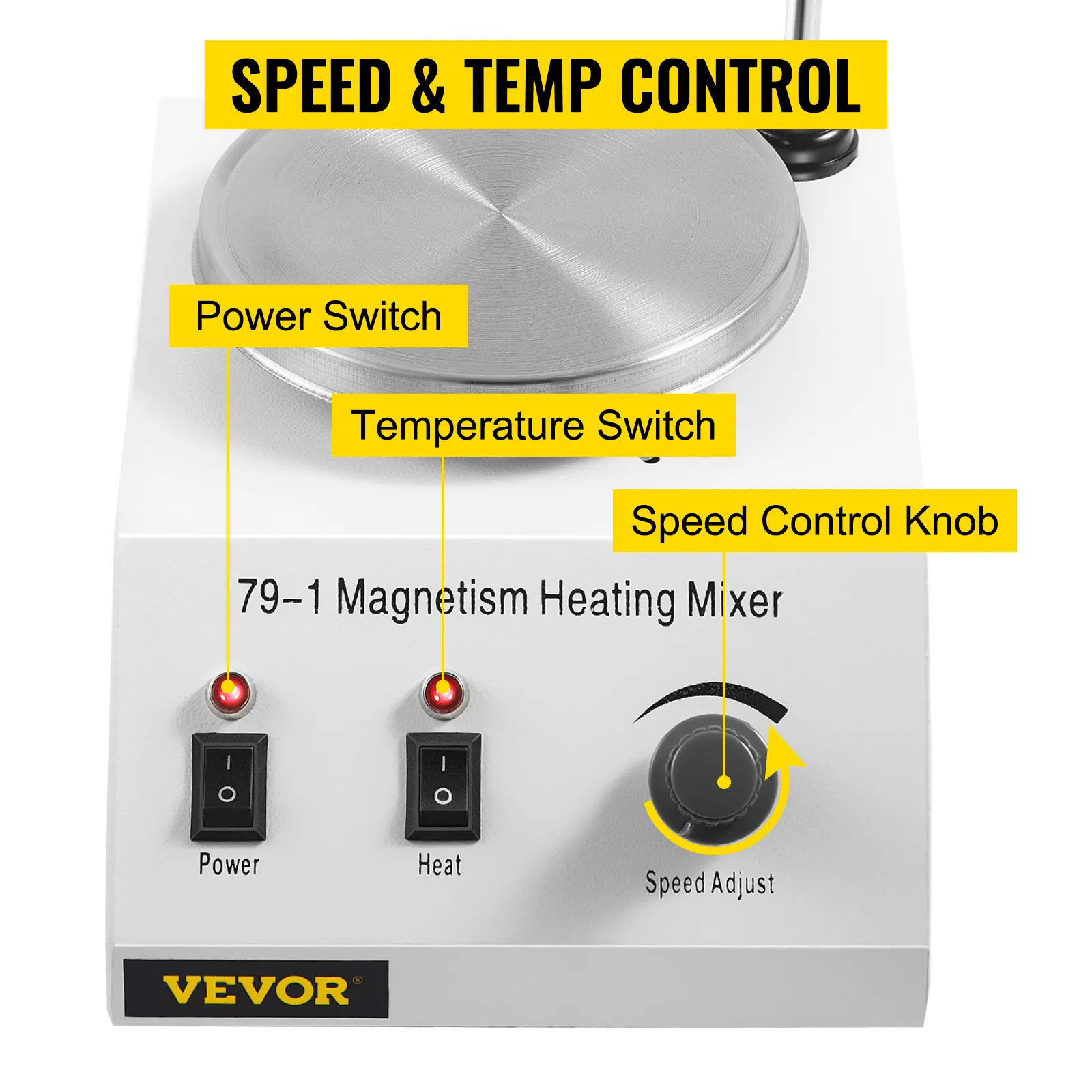 Placa calefactora agitadora magnética VEVOR con controles de velocidad y temperatura, interruptores etiquetados.