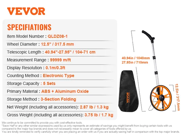 VEVOR measuring wheel with specifications, 12.5" orange wheel, telescopic handle, and carrying bag.