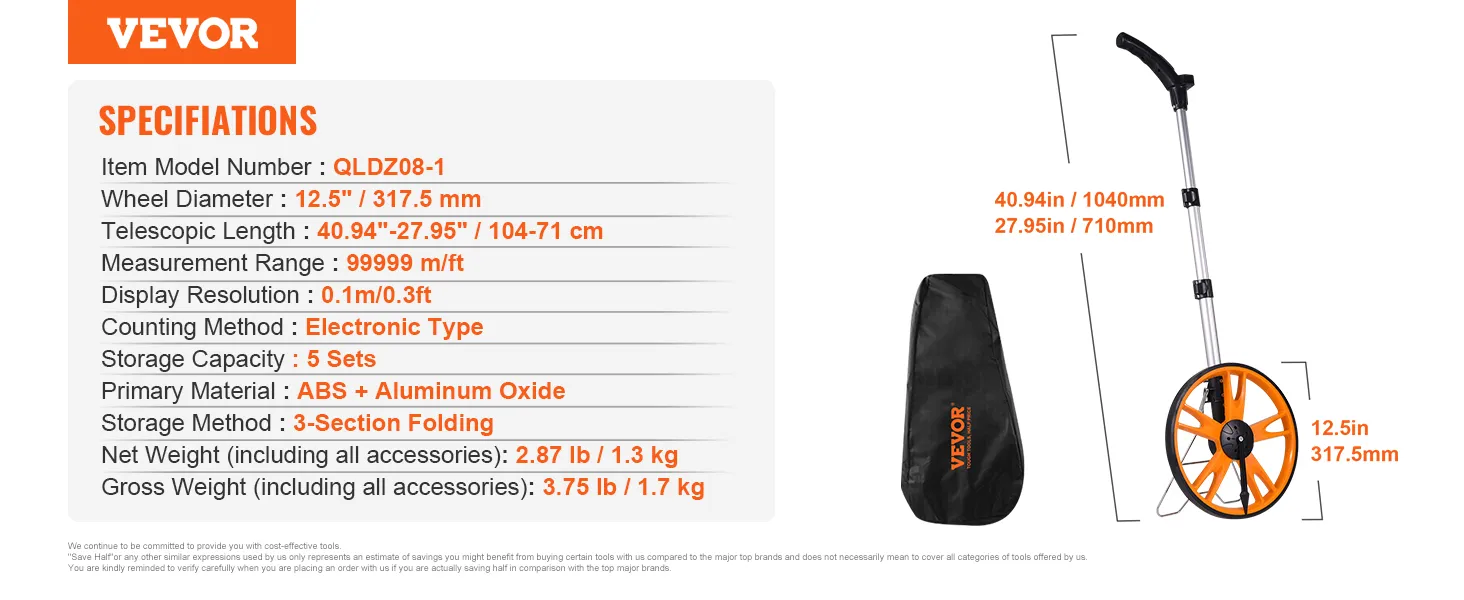 VEVOR measuring wheel with specifications, 12.5" orange wheel, telescopic handle, and carrying bag.