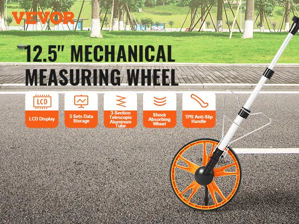 VEVOR measuring wheel with lcd display, 5 sets data storage, telescopic tube, shock-absorbing wheel.