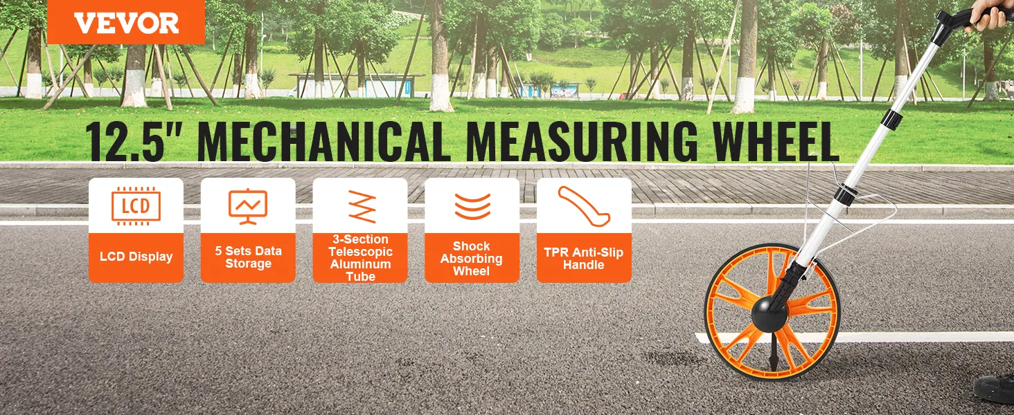 VEVOR measuring wheel with lcd display, 5 sets data storage, telescopic tube, shock-absorbing wheel.