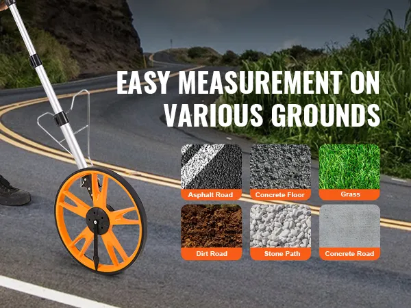 VEVOR measuring wheel for accurate measurements on dirt, stone, concrete, asphalt, and grass surfaces.
