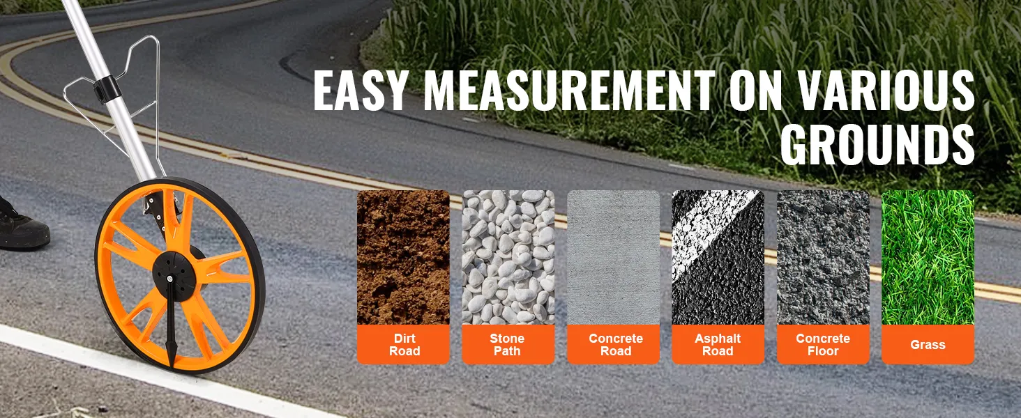 VEVOR measuring wheel for accurate measurements on dirt, stone, concrete, asphalt, and grass surfaces.