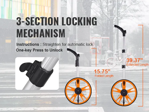 3-section locking mechanism, VEVOR measuring wheel; 15.75" folded length, 39.37" extended length.