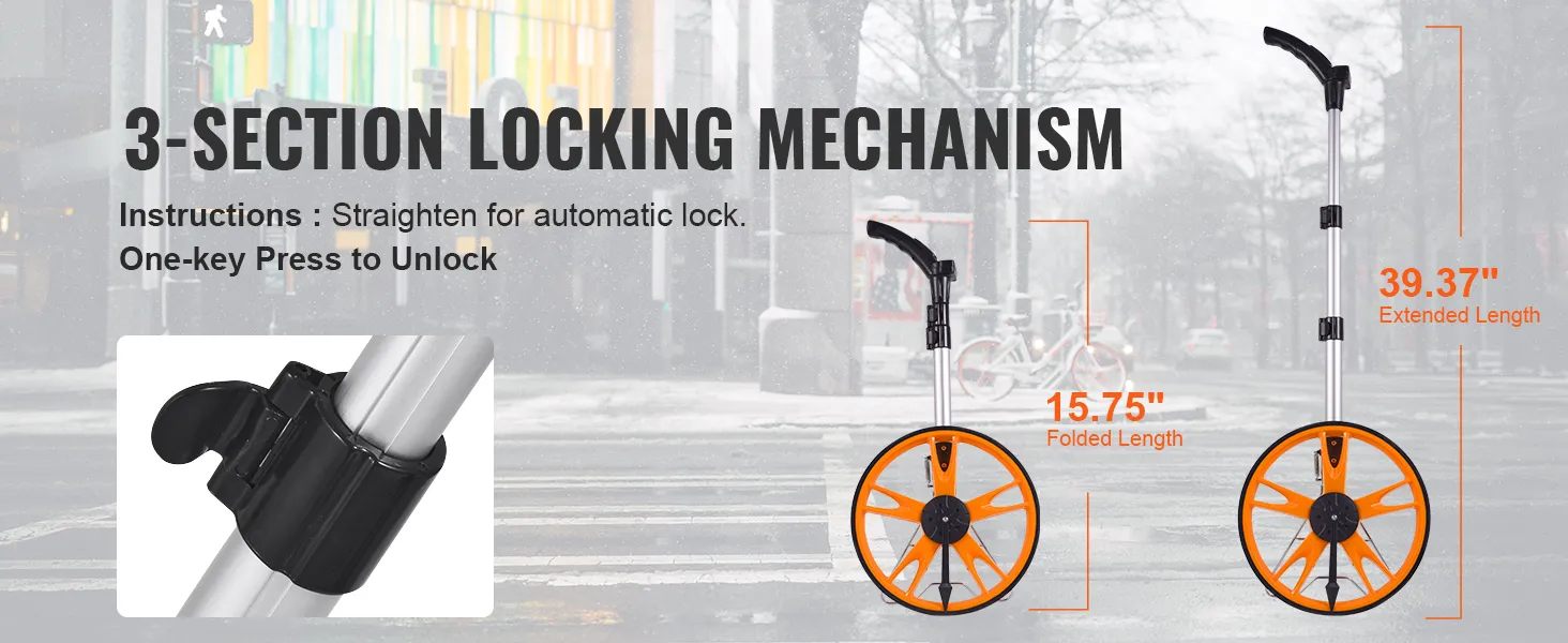 3-section locking mechanism, VEVOR measuring wheel; 15.75" folded length, 39.37" extended length.