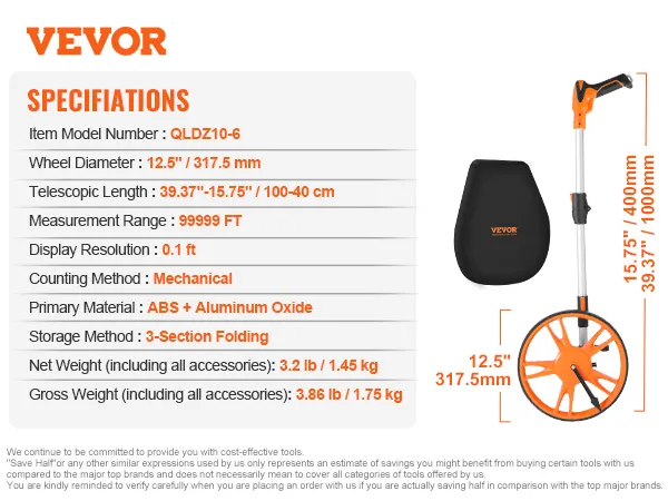 VEVOR measuring wheel features 12.5" diameter, 40-100 cm telescopic length, and a carrying case.