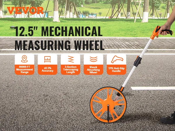 VEVOR measuring wheel with 99999 ft range, ±0.5% accuracy, shock-absorbing, anti-slip handle in a park.