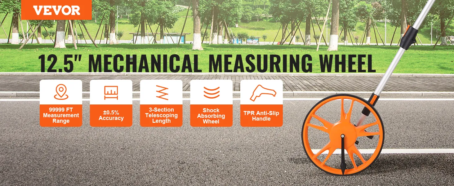 VEVOR measuring wheel with 99999 ft range, ±0.5% accuracy, shock-absorbing, anti-slip handle in a park.