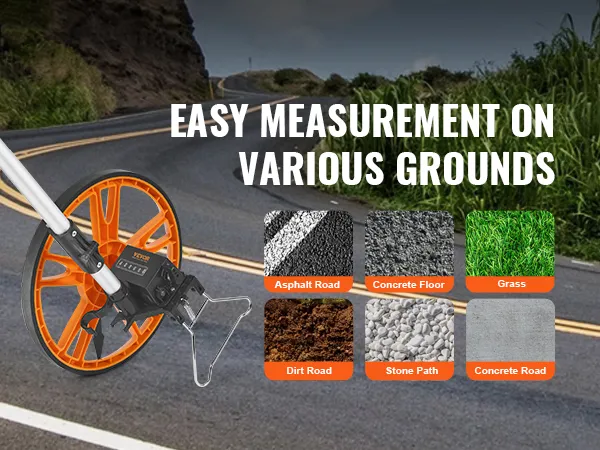 VEVOR measuring wheel showcasing easy measurement on dirt, stone, concrete, asphalt, and grass.