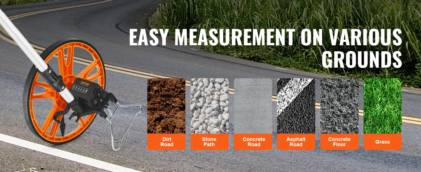 VEVOR measuring wheel showcasing easy measurement on dirt, stone, concrete, asphalt, and grass.