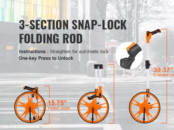 VEVOR measuring wheel with 3-section snap-lock rod, 15.75" folded, 39.37" extended length.