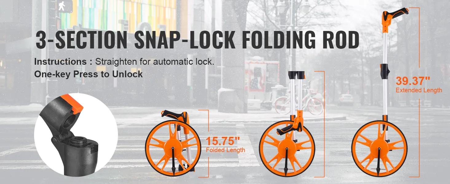 VEVOR measuring wheel with 3-section snap-lock rod, 15.75" folded, 39.37" extended length.