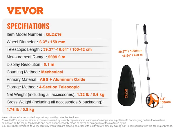 VEVOR measuring wheel with 6.3" diameter, telescopic length 39.37"-16.54", and mechanical counting.