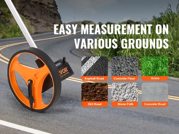 VEVOR measuring wheel demonstrating easy measurement on dirt, stone, concrete, asphalt, and grass.