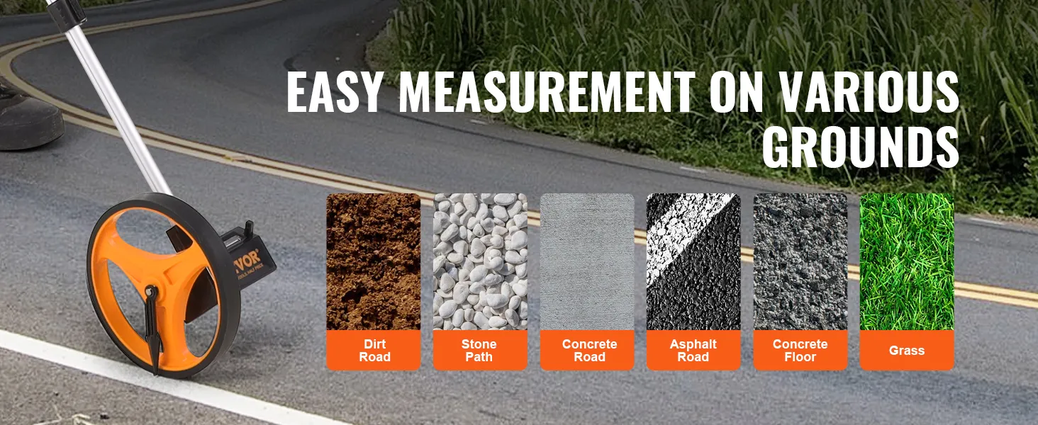 VEVOR measuring wheel demonstrating easy measurement on dirt, stone, concrete, asphalt, and grass.
