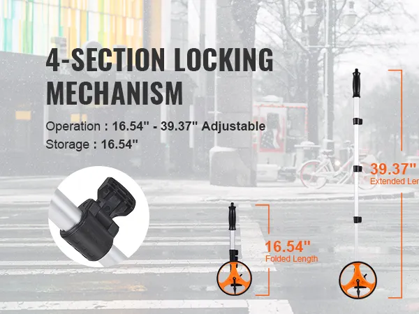 4-section locking mechanism of VEVOR measuring wheel, adjustable from 16.54" to 39.37".