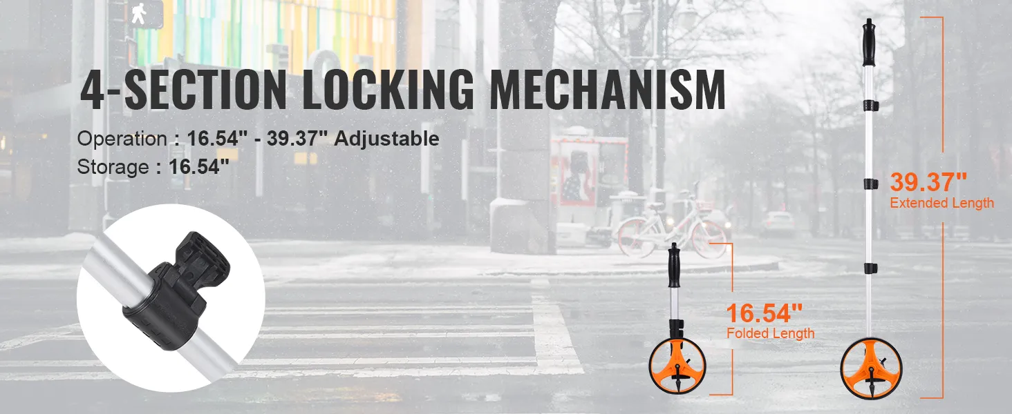 4-section locking mechanism of VEVOR measuring wheel, adjustable from 16.54" to 39.37".