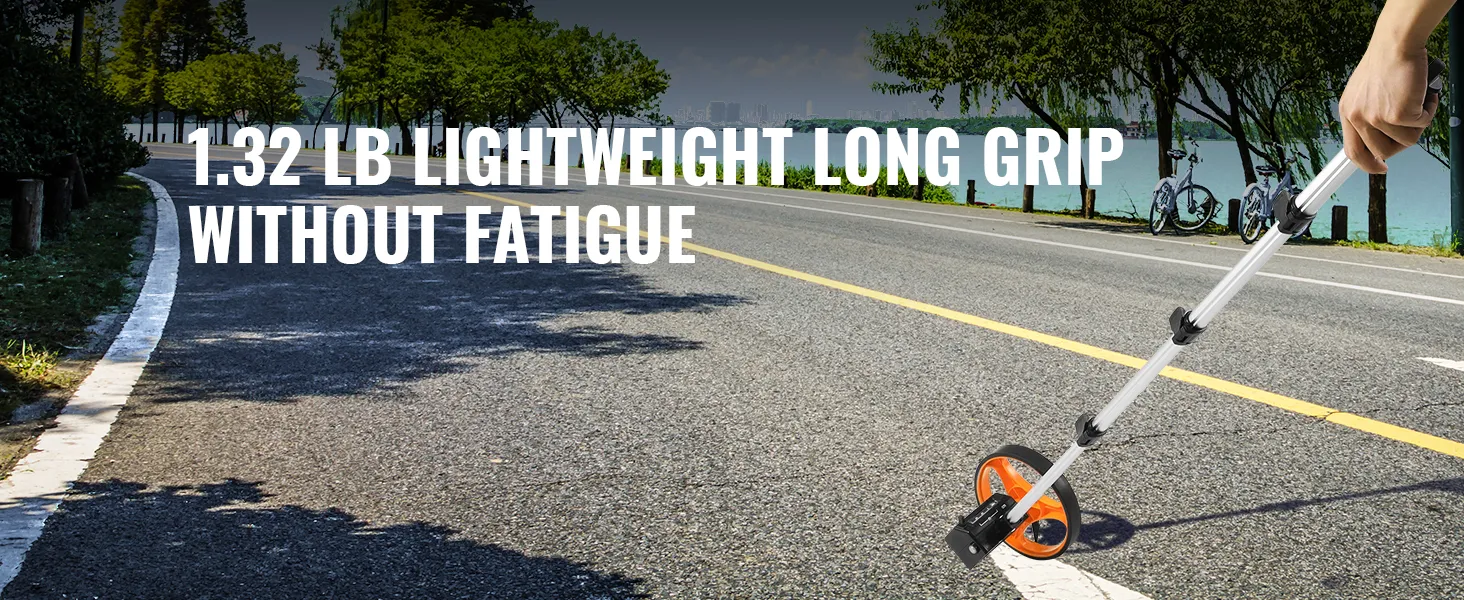 VEVOR measuring wheel being used on an open road; lightweight with long grip for fatigue-free use.