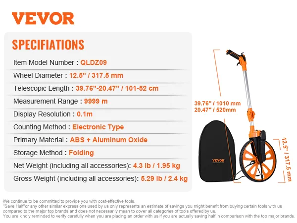 VEVOR measuring wheel qldz09 specs: 12.5" wheel, telescopic, folding, abs+aluminum, 9999m range.
