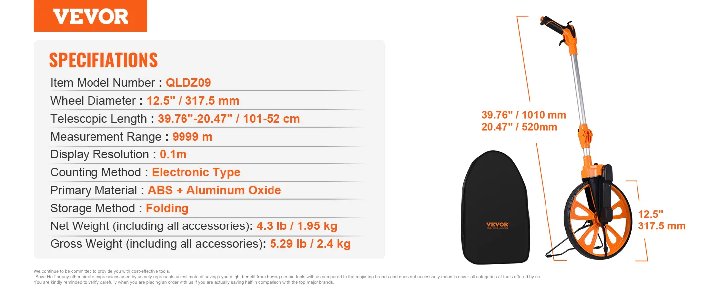 VEVOR measuring wheel qldz09 specs: 12.5" wheel, telescopic, folding, abs+aluminum, 9999m range.