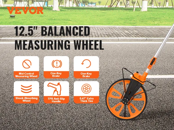 VEVOR measuring wheel with 12.5" wheel, one-key brake, tpr anti-slip handle, and shock-absorbing wheel.