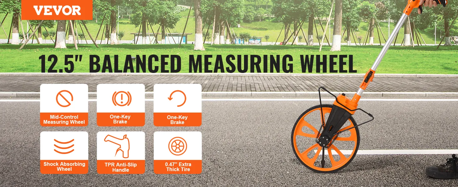 VEVOR measuring wheel with 12.5" wheel, one-key brake, tpr anti-slip handle, and shock-absorbing wheel.