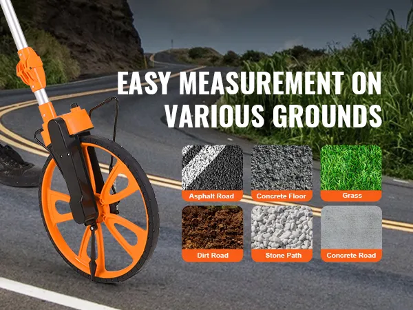 VEVOR measuring wheel used on various grounds: dirt, stone, concrete, asphalt, and grass.