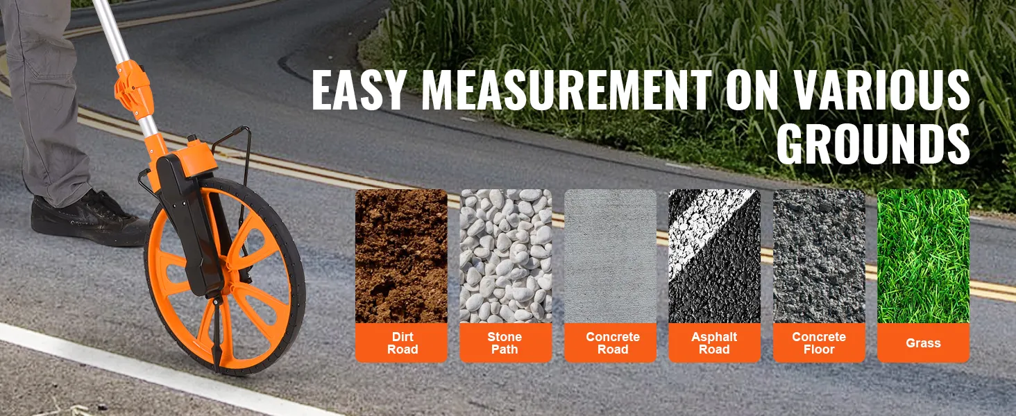 VEVOR measuring wheel used on various grounds: dirt, stone, concrete, asphalt, and grass.