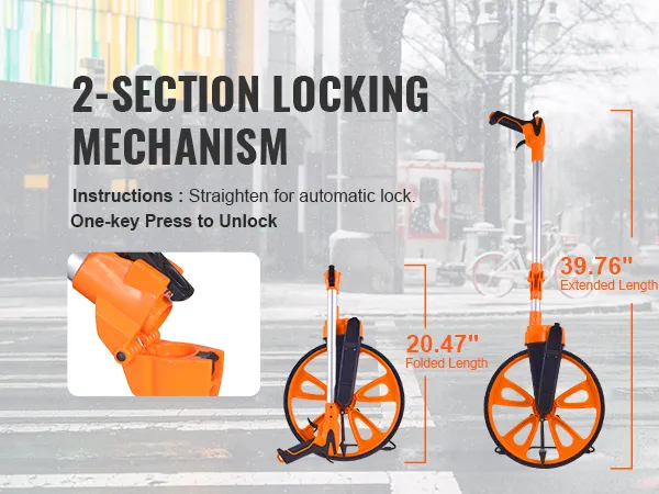 VEVOR measuring wheel with 2-section locking mechanism, 39.76" extended, 20.47" folded.
