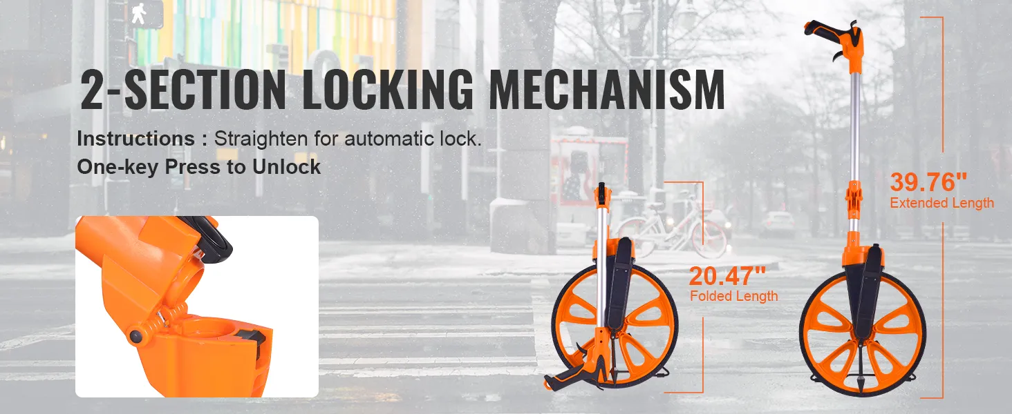 VEVOR measuring wheel with 2-section locking mechanism, 39.76" extended, 20.47" folded.