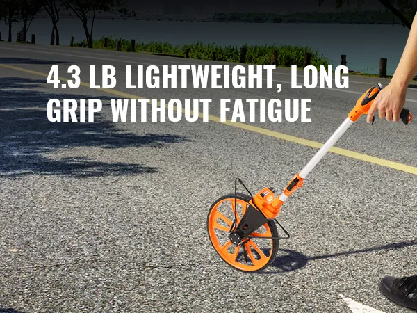 person using VEVOR measuring wheel on road, promoting 4.3 lb lightweight and long grip without fatigue.