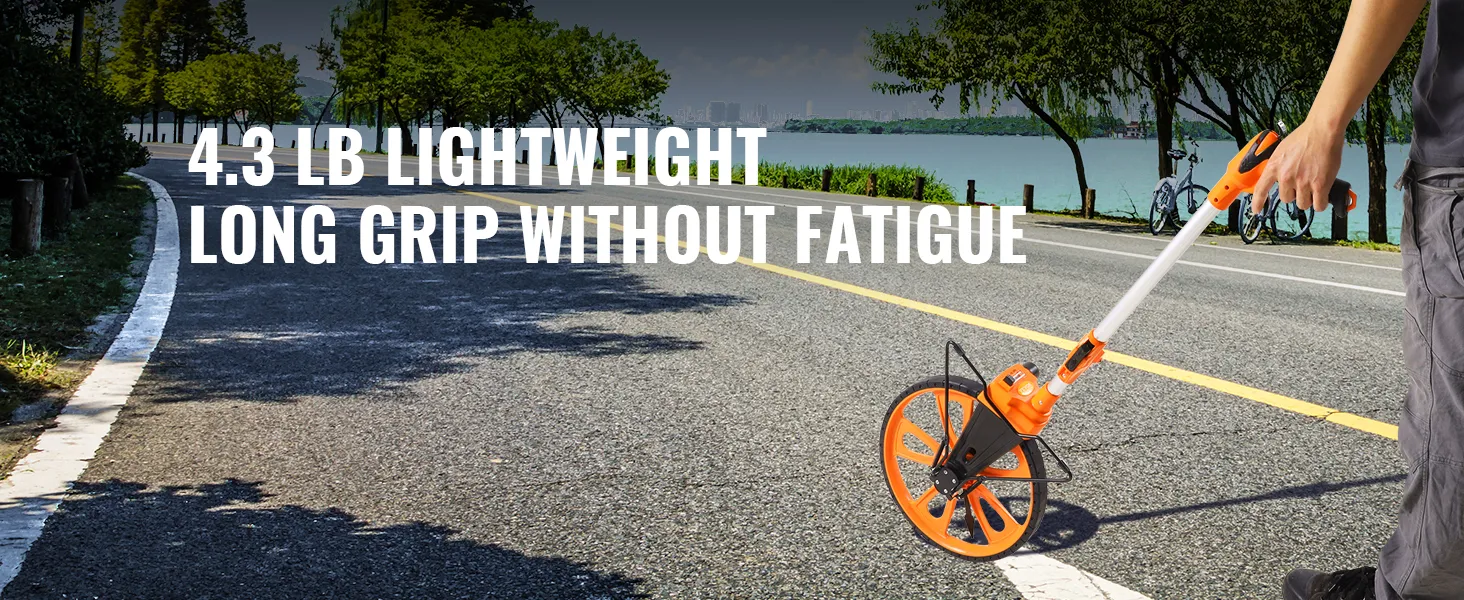 person using VEVOR measuring wheel on road, promoting 4.3 lb lightweight and long grip without fatigue.