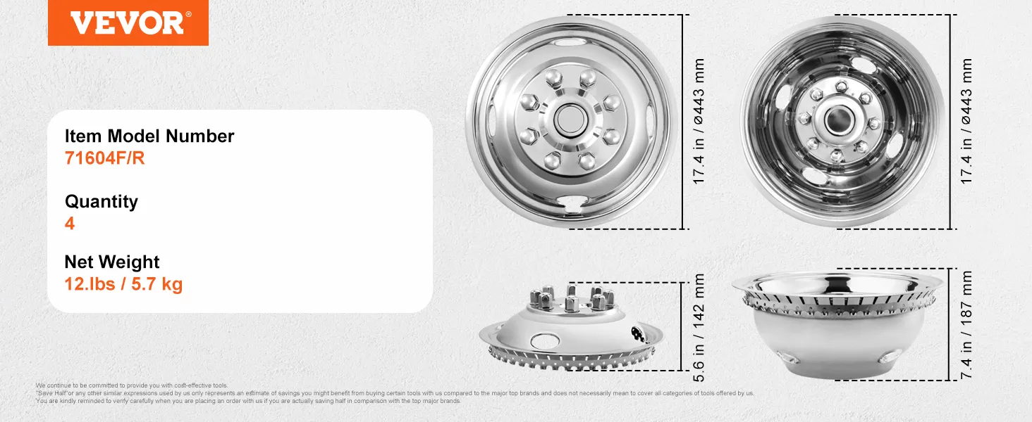 VEVOR wheel simulators f350, model 71604f/r, quantity 4, weight 12.5 lbs, measurements 17.4 x 7.4 inches.