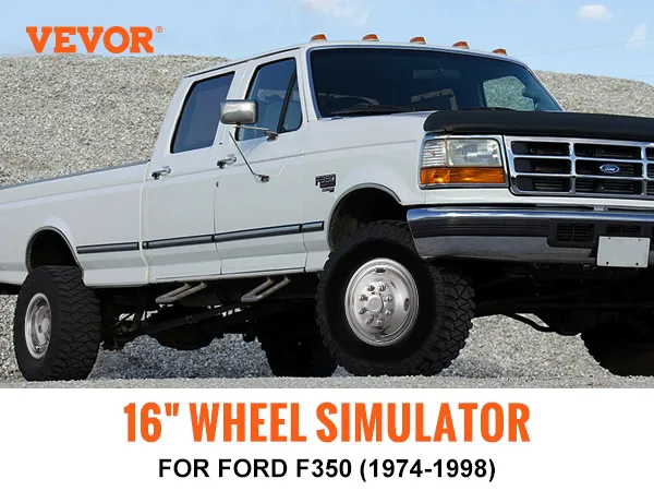 white ford f350 truck with VEVOR wheel simulators on a gravel background. text: "16" wheel simulator for ford f350 (1974-1998)".