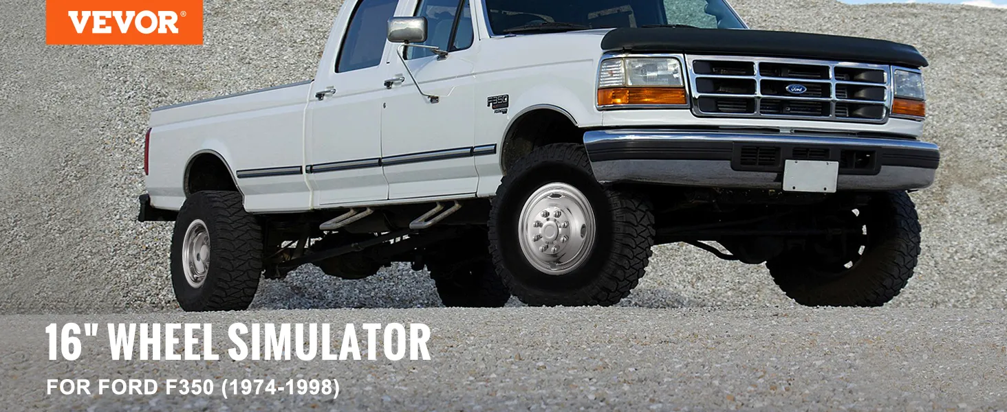 white ford f350 truck with VEVOR wheel simulators on a gravel background. text: "16" wheel simulator for ford f350 (1974-1998)".