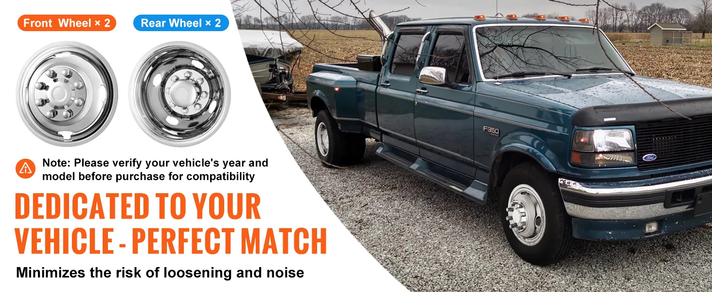 VEVOR wheel simulators f350, front and rear, on a blue f350 truck in a rural setting.